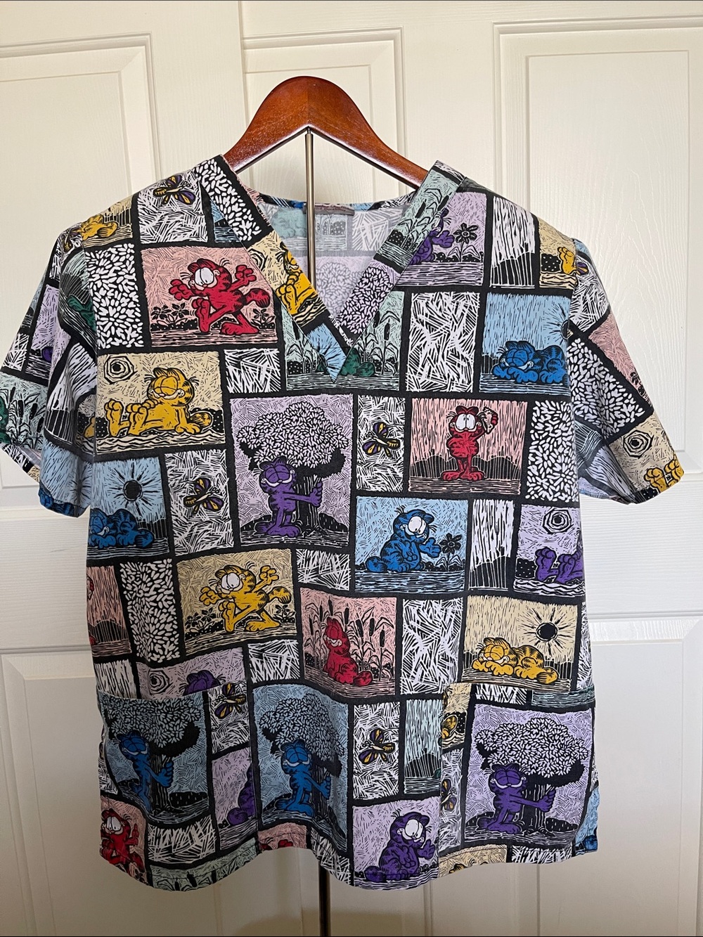 Cherokee Multi-Color Garfield Patchwork Print Scrub Top